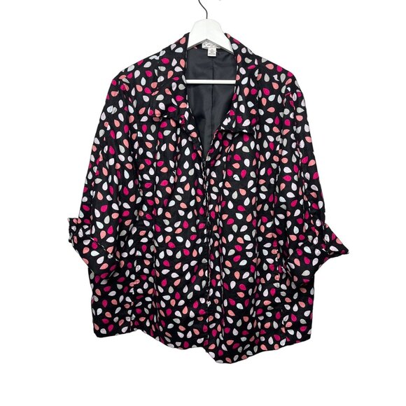 Kim Rogers Linen Blend Jacket Size 3X Black Pink Leaf Print - Picture 1 of 13